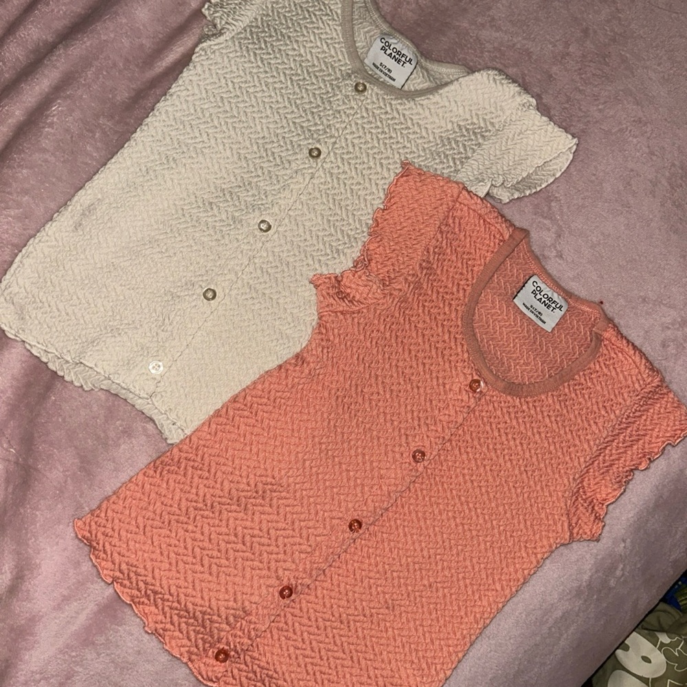 Kids Textured Button-Up Tops - Cream and Pink